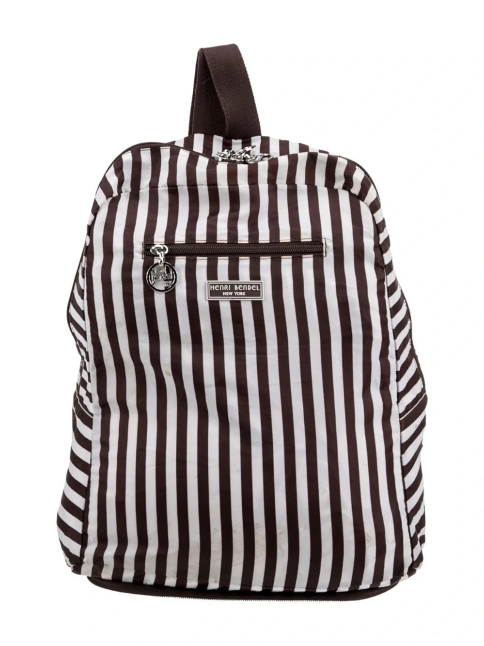 Henri Bendel Centennial Stripe packable backpack lightweight brown white nylon